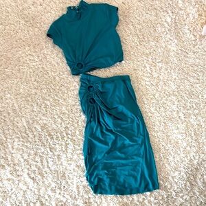 Teal Ruched Midi Pencil Skirt Set